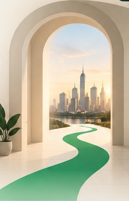 A green path enters an architectural arch, beside a plant, overlooking a sunlit city horizon.